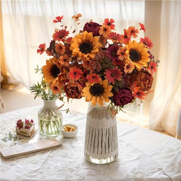 4pcs Realistic Autumn Floral Arrangement - Sunflower, Peony, Daisy Bouquet Decor - Picture 6 of 6